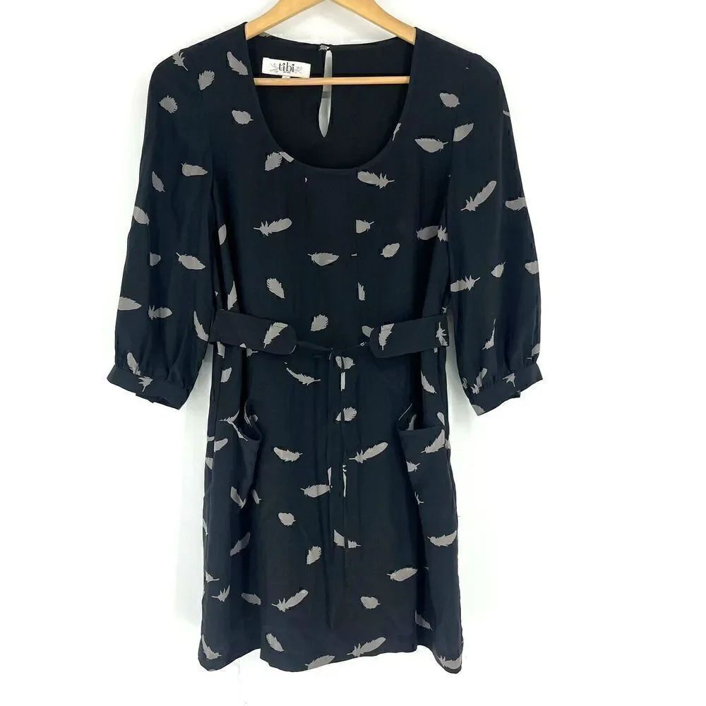 Tibi Dress Feather Print Silk Pockets